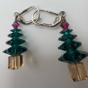 Vintage Crystal Christmas Tree Earrings – Holiday Green Red & Gold Beads